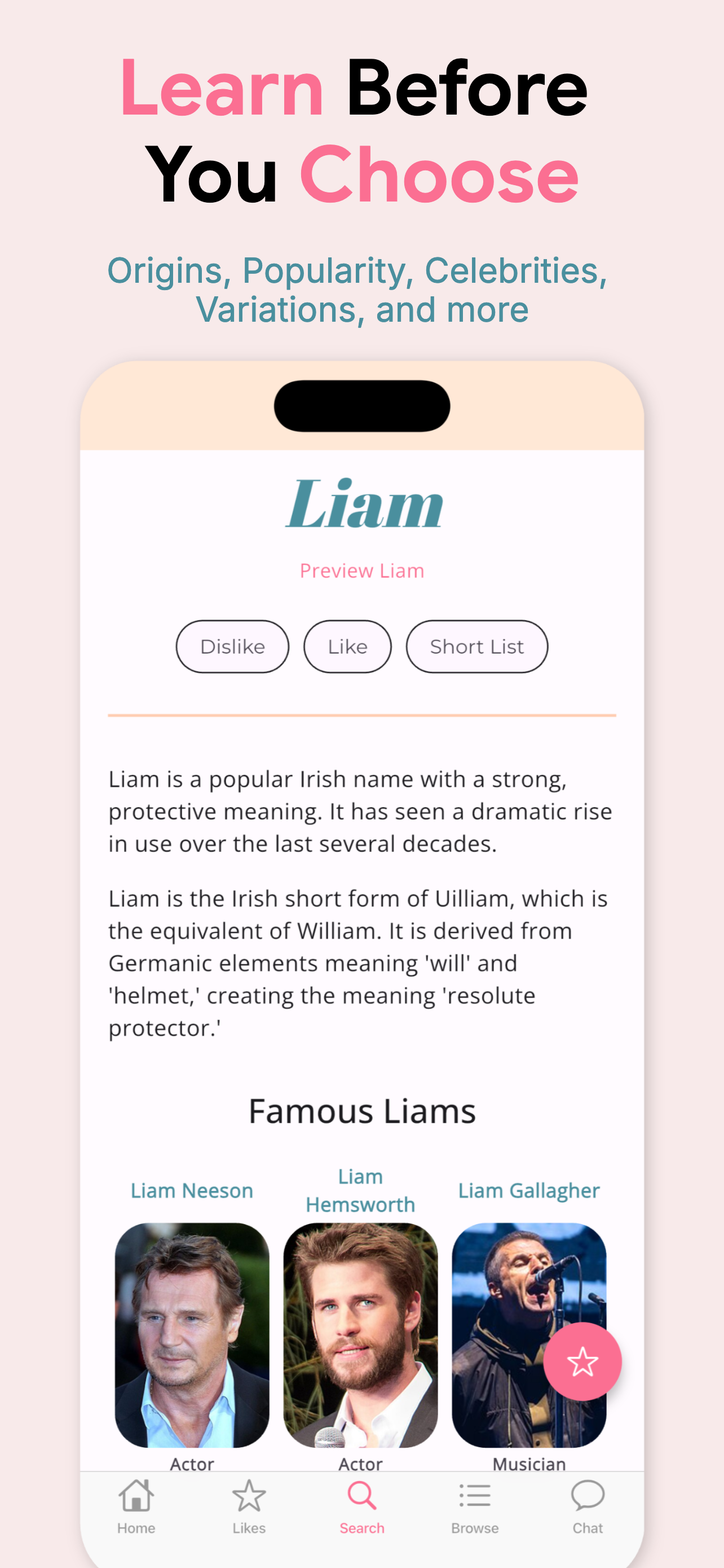 Name detail screen for Liam with meaning, origin, and famous namesakes