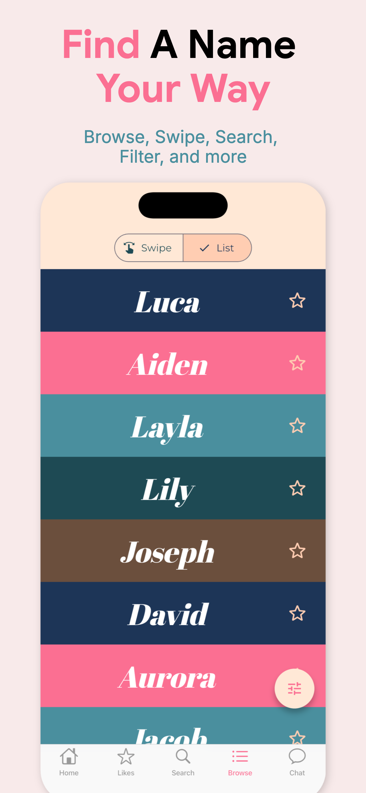 Browse thousands of names in a colorful list or swipe deck