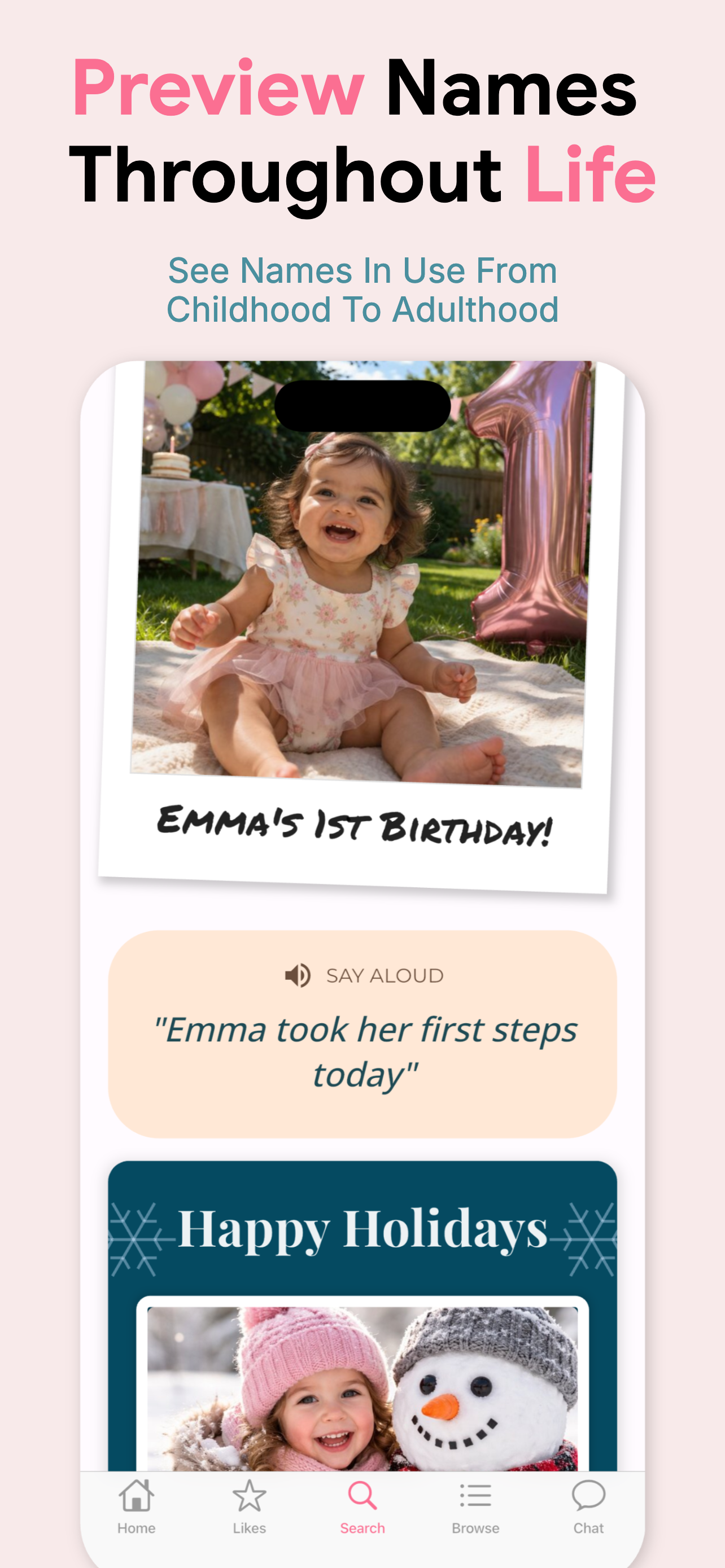 Preview a name in real-life moments from first birthday to adulthood