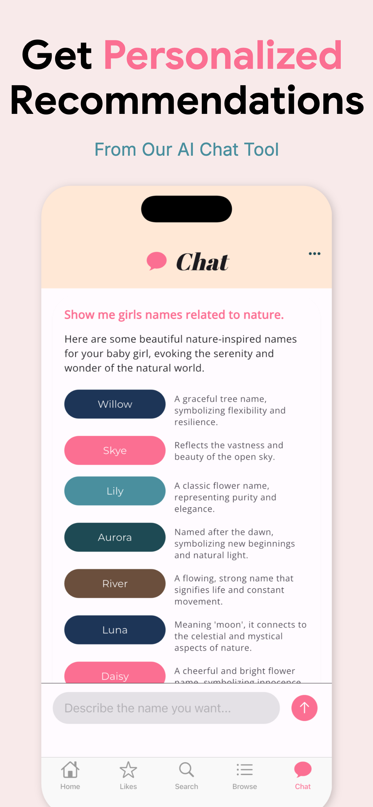 AI chat suggesting personalized nature-inspired names