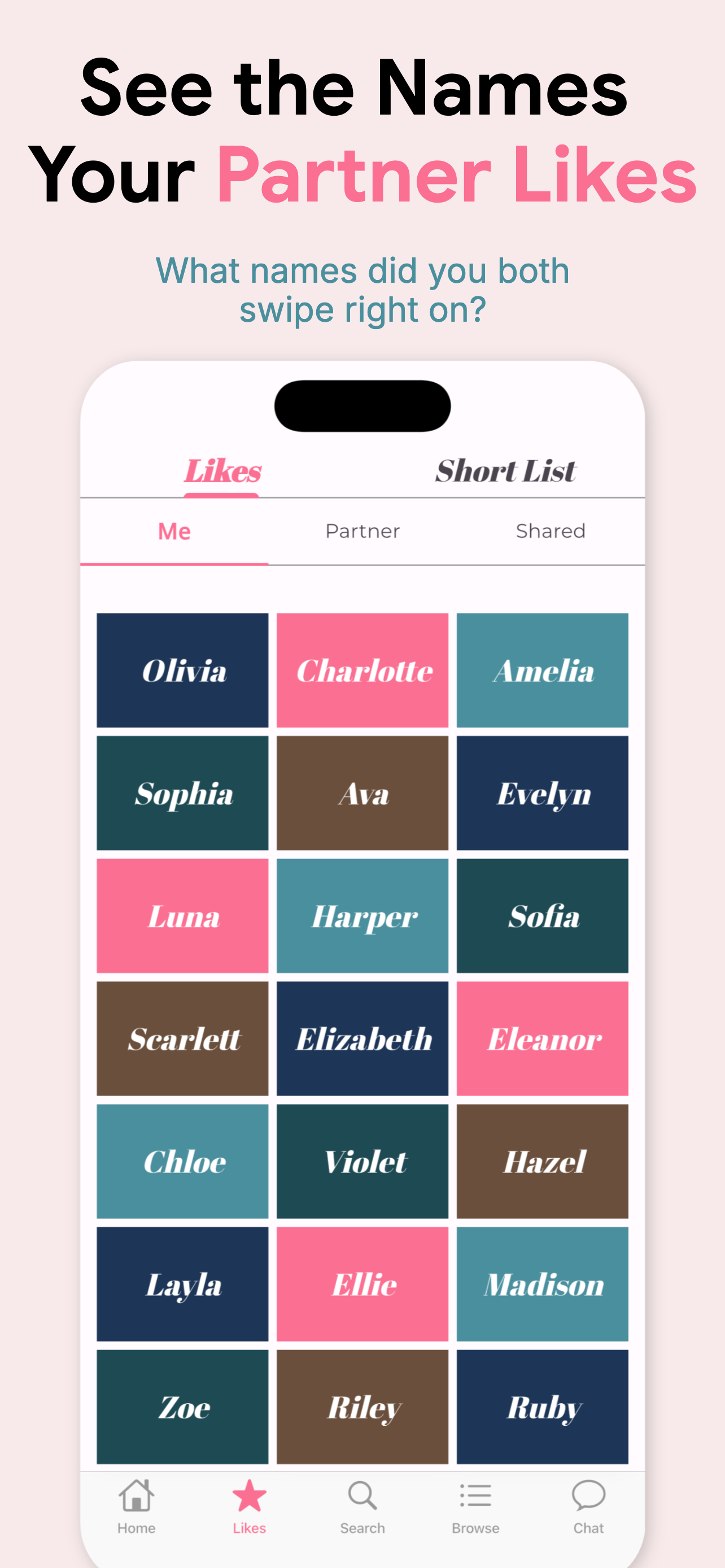 Likes screen comparing your favorite names with your partner's