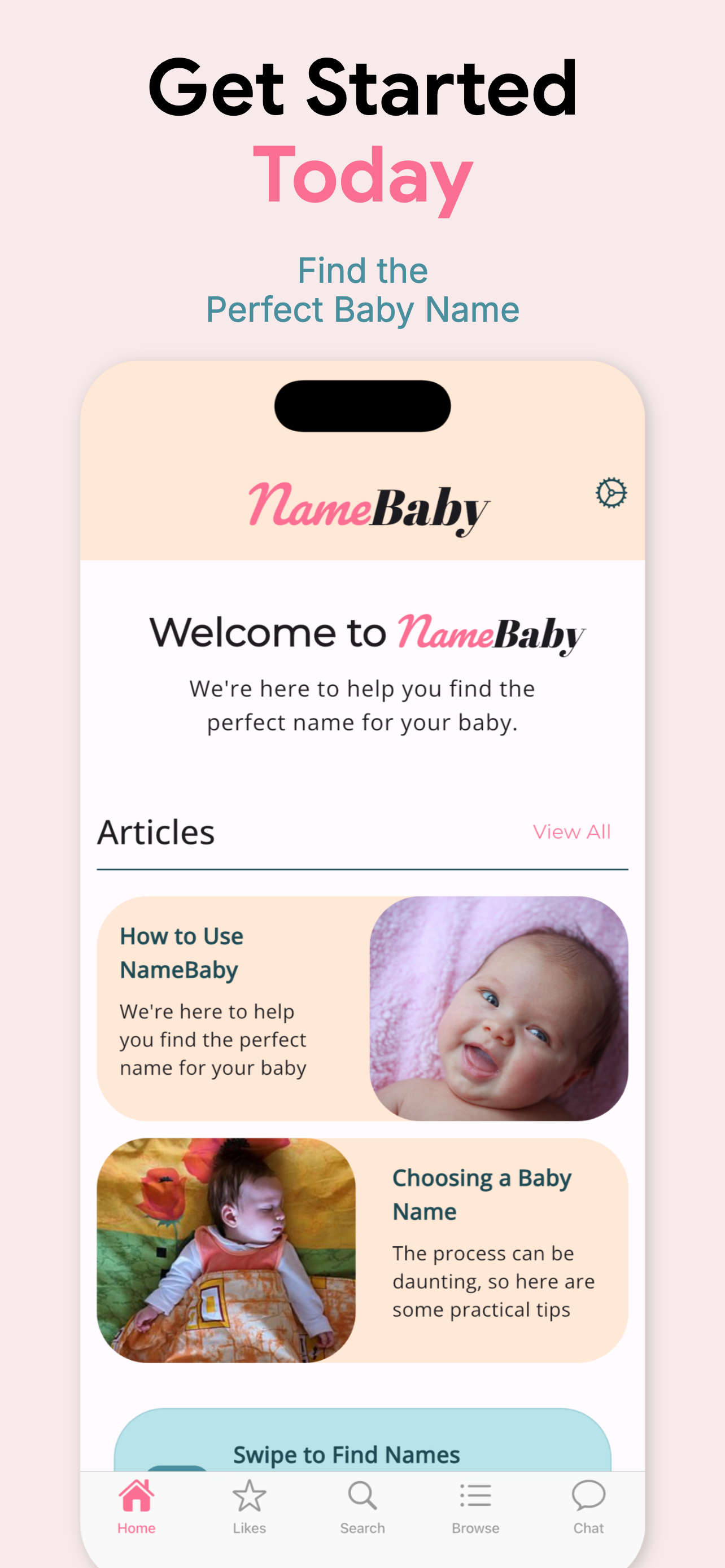 NameBaby home screen with articles and tips to get started